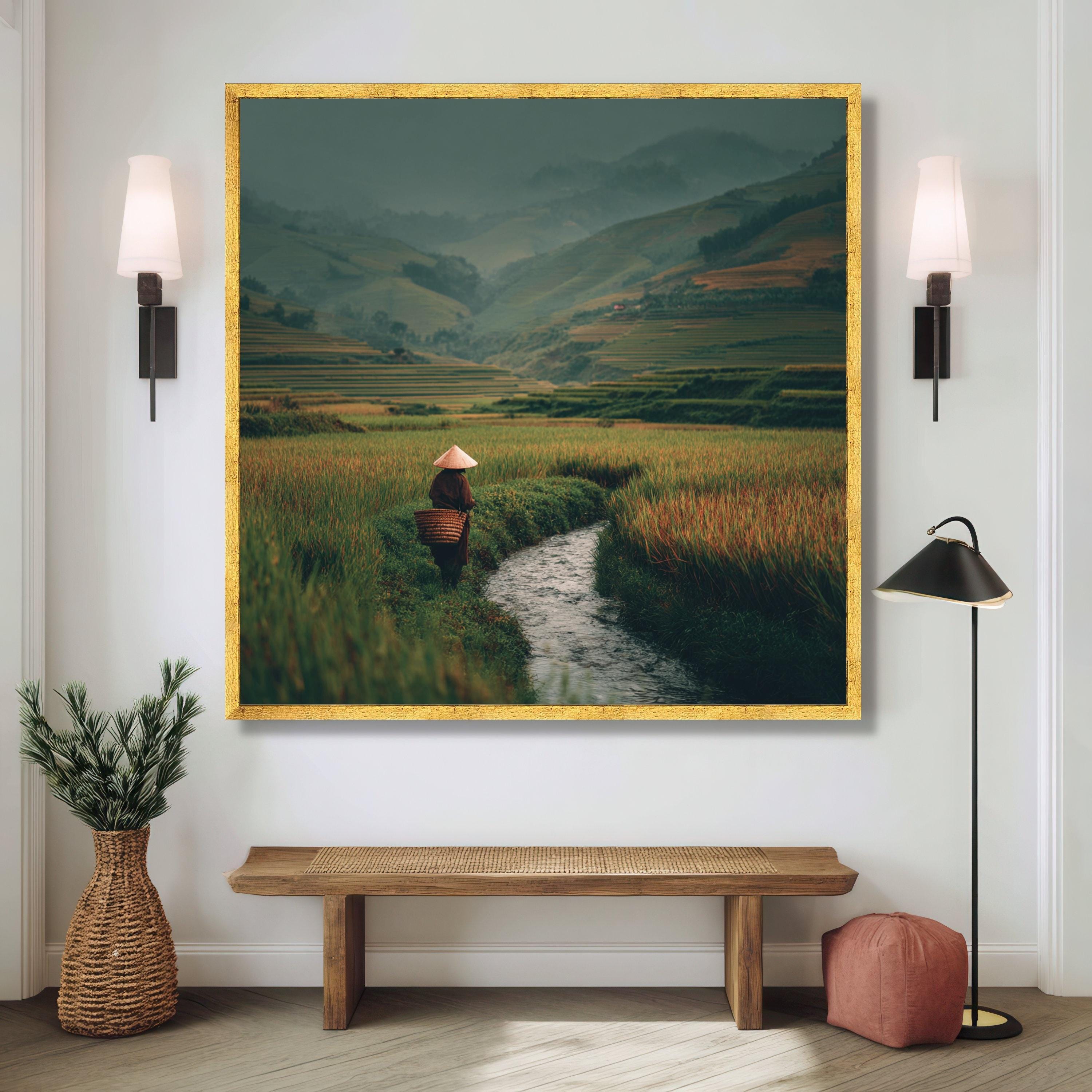 Cagbas Rice Field Tranquil Rice Field Pathway Canvas, Asian Countryside Landscape, Farmer ...