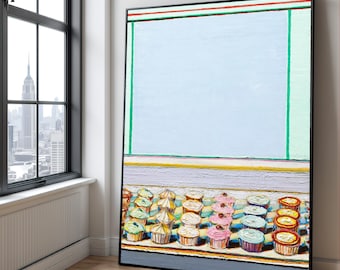 May include: A framed painting depicts a display case filled with colorful cupcakes. The painting has a light blue background with green and red accents. The cupcakes are various colors, including yellow, pink, and blue.
