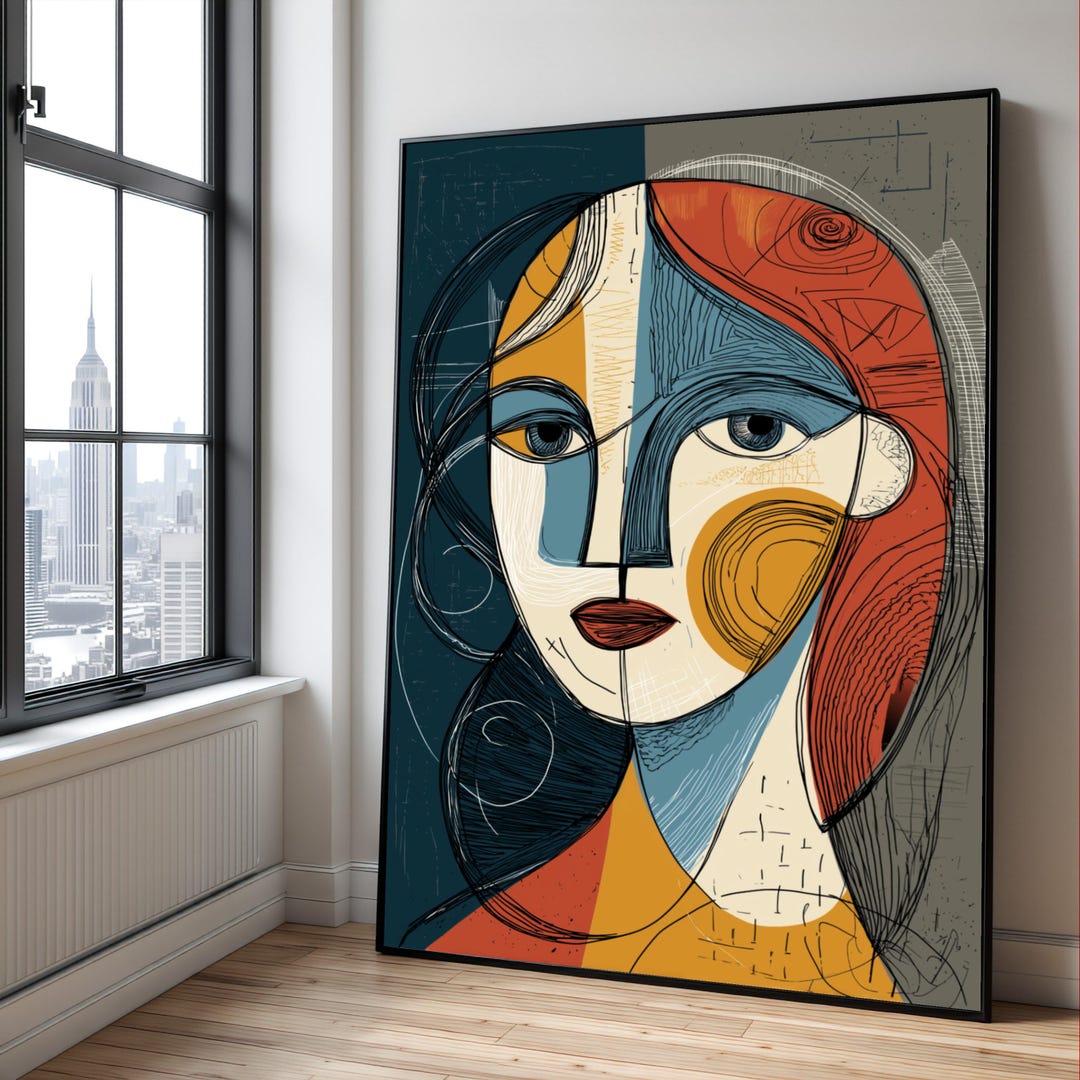 Abstract Cubist Woman Portrait Canvas, Colorful Geometric Face Wall Art ...