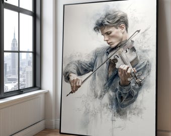 Young Violinist Playing Canvas Wall Art, Musical Instrument Portrait, Classical Music Decor, Artistic Musician Illustration, Modern Home