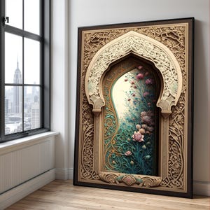 May include: A framed artwork with an elaborate, arched design and detailed carvings in brown and gold tones. The artwork's centre displays a floral scene with pink and blue flowers. The artwork is leaning against a wall near a window.