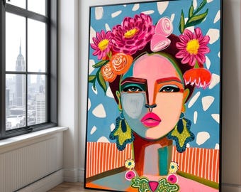 Abstract canvas vrouwenportret, bloemenkroon, modern interieur