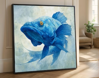 Blue Fish Canvas Wall Art, Marine Life Painting, Coastal Home Decor
