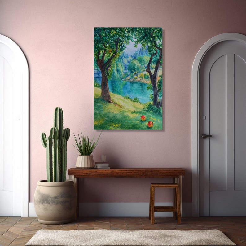 Watercolor Riverside Canvas Print, Serene Nature Wall Art - Etsy