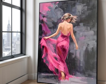 Lienzo de mujer elegante con vestido rosa fluido, arte mural femenino, retrato de espaldas, arte figurativo moderno, lienzo para decoración del hogar.
