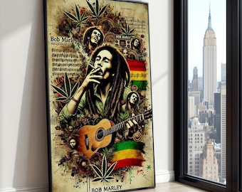 Bob Marley reggaelegende canvas, portret iconische muzikant, Marley Guitar Wall Art, decor rastacultuur, vintage stijl klaar om op te hangen