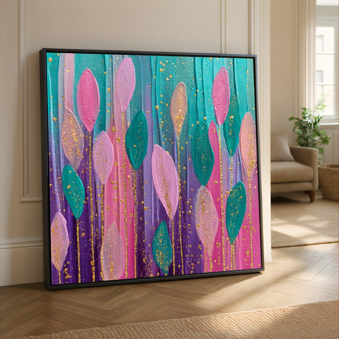 Vibrant Abstract Floral Canvas, Pink Teal Gold Leaf Painting - Etsy