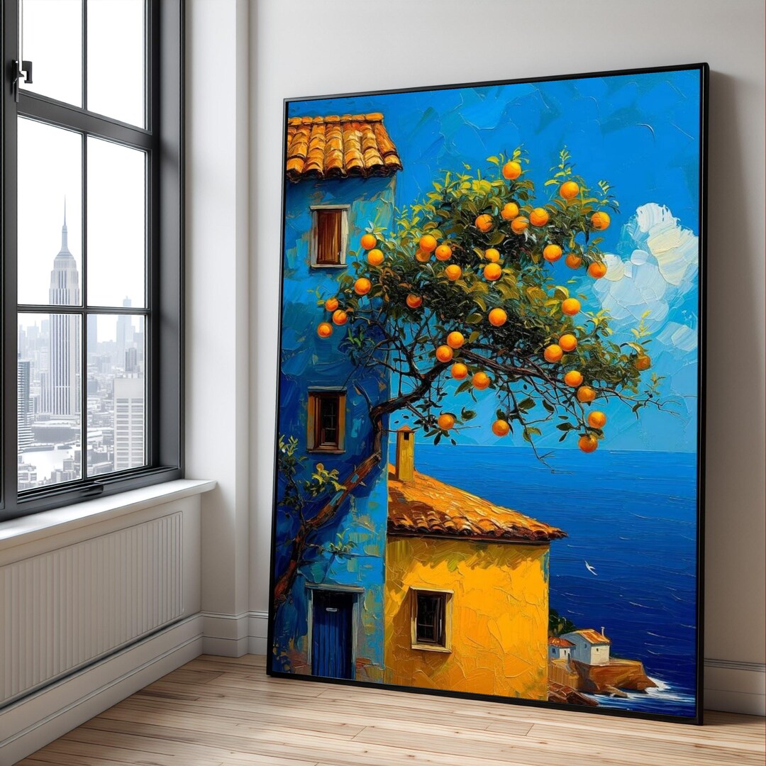 Mediterranean Coastal Scene Canvas, Orange Tree Wall Art, Colorful ...