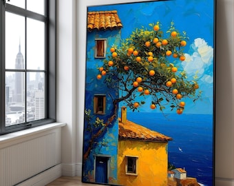 Mediterranean Orange Tree Canvas, Coastal Seascape Painting