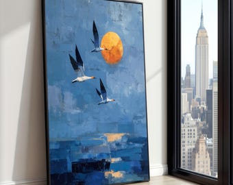 Rustige zonsondergang vlucht canvas, vliegende vogels kunst aan de muur, blauwe lucht landschap, moderne natuur schilderij, kustscène canvas, woondecoratie