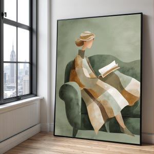 Woman Reading on Sofa Canvas, Soft Green Abstract Wall Art, Cozy Minimalist Decor