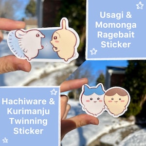 May include: Two sets of stickers are displayed. One sticker features two cartoon characters, a white mouse-like creature and a tan rabbit-like character. The other sticker shows two cartoon characters, one with blue cat ears and the other with brown hair. Text on the stickers reads "Usagi & Momonga Ragebait Sticker" and "Hachiware & Kurimanju Twinning Sticker."