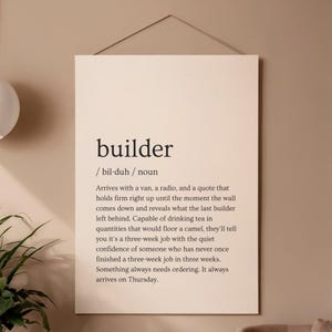 Op de afbeelding: Een rechthoekige wandhanger met een woordenboekdefinitie van het woord builder. De tekst is in het zwart gedrukt op een crèmekleurige achtergrond en beschrijft een bouwvakker die aankomt met een busje, radio en offertes, en veel thee drinkt.