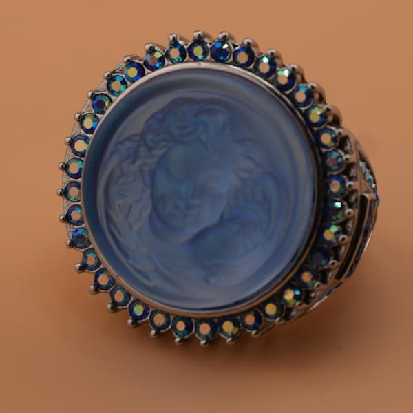 Vintage Kirks Folly Blue Cameo Ring, Silver-Tone Aurora Borealis Statement