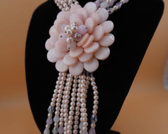 Joan Rivers Vintage Pink Beaded Statement Necklace – Glass Flower, Evening Glam
