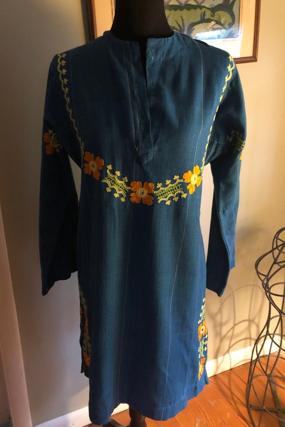 1970s Pakistani teal cotton tunic with embroidere… - image 1