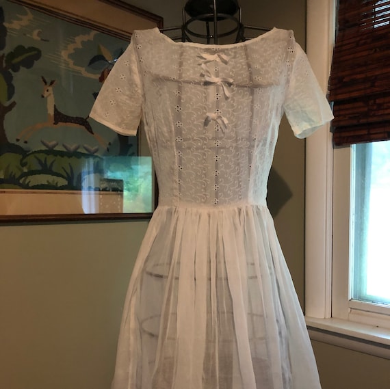 Late 1950s white organdy dress with eyelet bodice