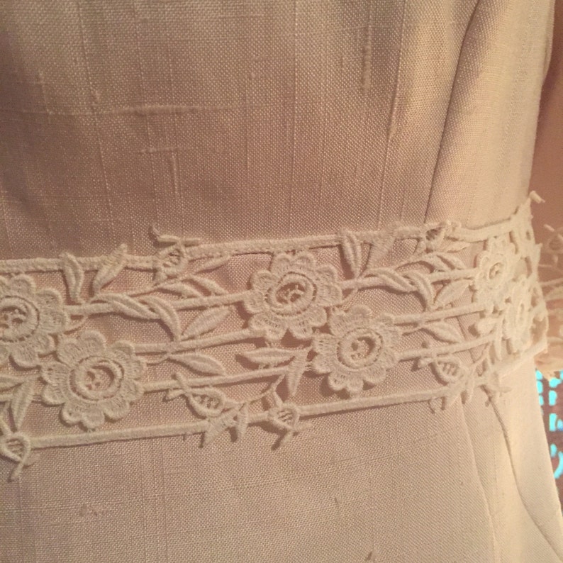 appliqu\u00e9 and pearlwork 1964 ivory silk wedding dress with rose lace