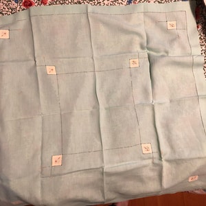 1950s light green cotton/linen blend tablecloth with applique and embroidery