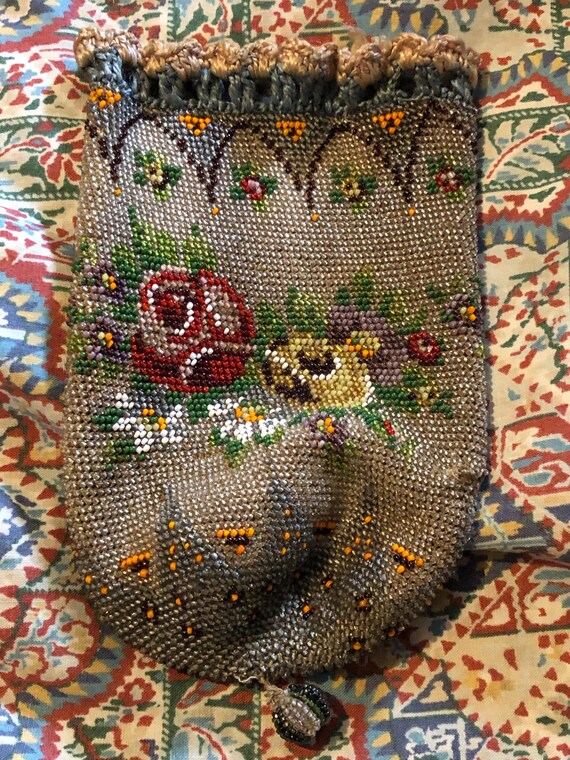 Beaded rose pattern draw string bag - image 4