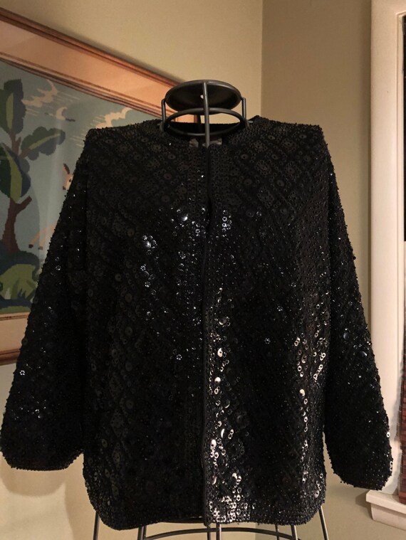 1950s black heavily beaded black cardigan