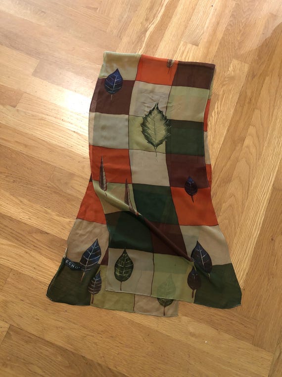 Autumnal tones check and leaf pattern silk scarf - image 1