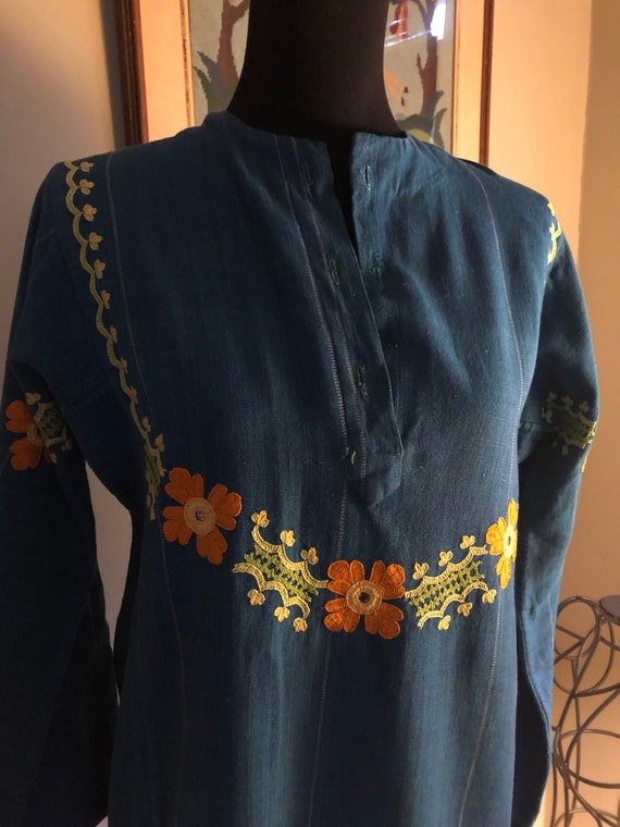 1970s Pakistani teal cotton tunic with embroidere… - image 2