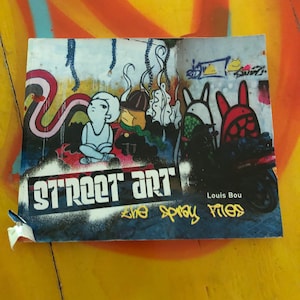 May include: A book titled "Street Art" with colorful graffiti art on the cover. The cover features cartoon figures, a red and white swirl, and the text "the spray files" and the author's name, Louis Bou.