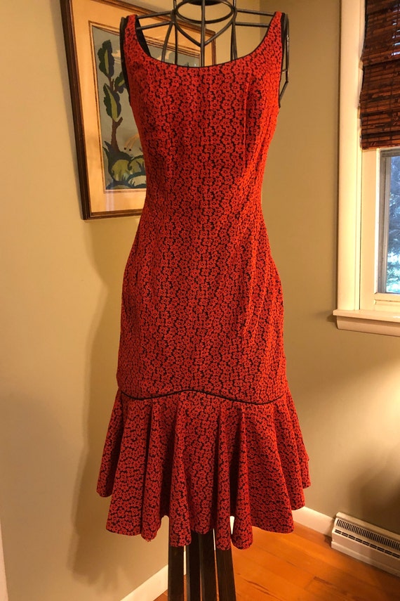 1950s red lace over black taffeta rumba dress - image 2