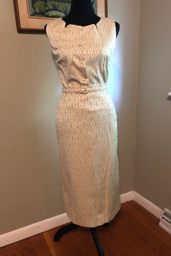 1950s gold and white woven pattern top and skirt … - image 1