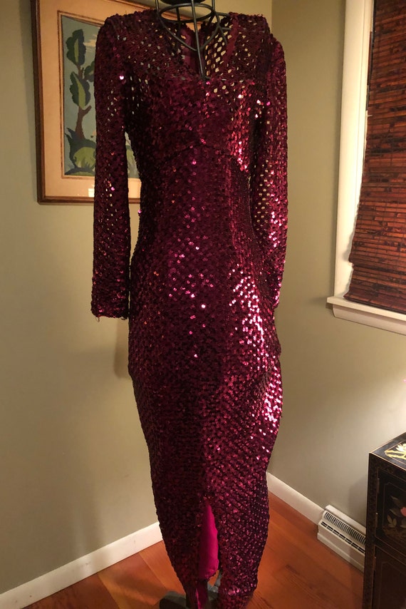 Early 1970s slinky burgundy sequined dress - image 2