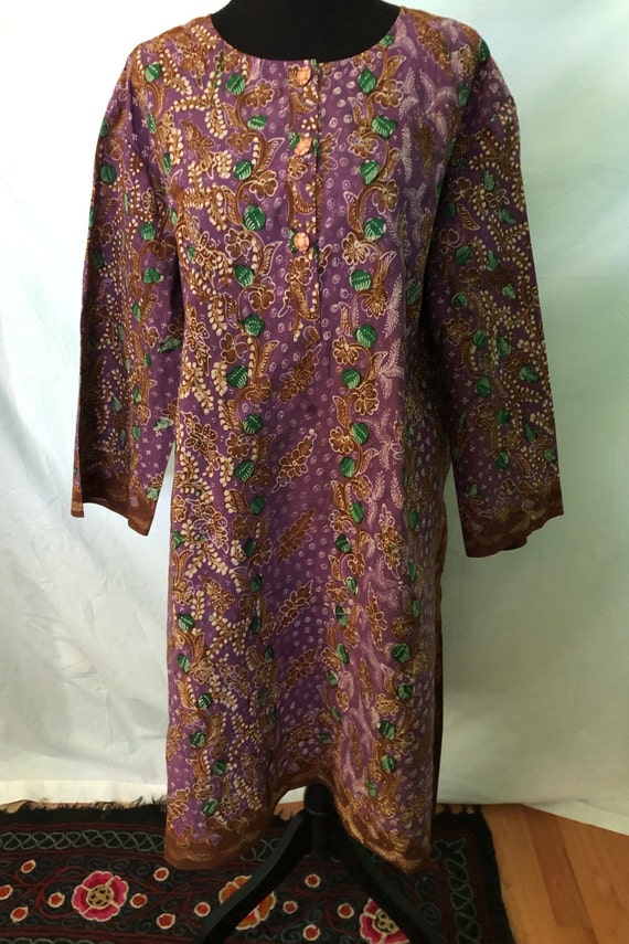1960s purple and green cotton batik tunic