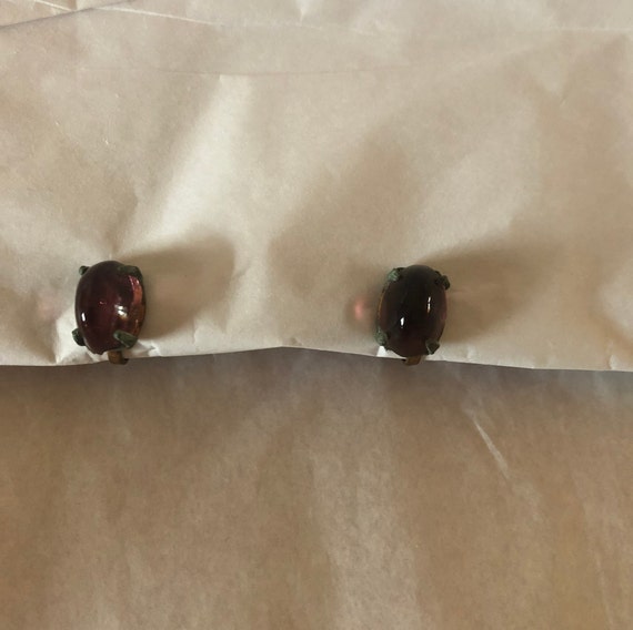 1940s oval burgundy glass screw back earrings - image 2