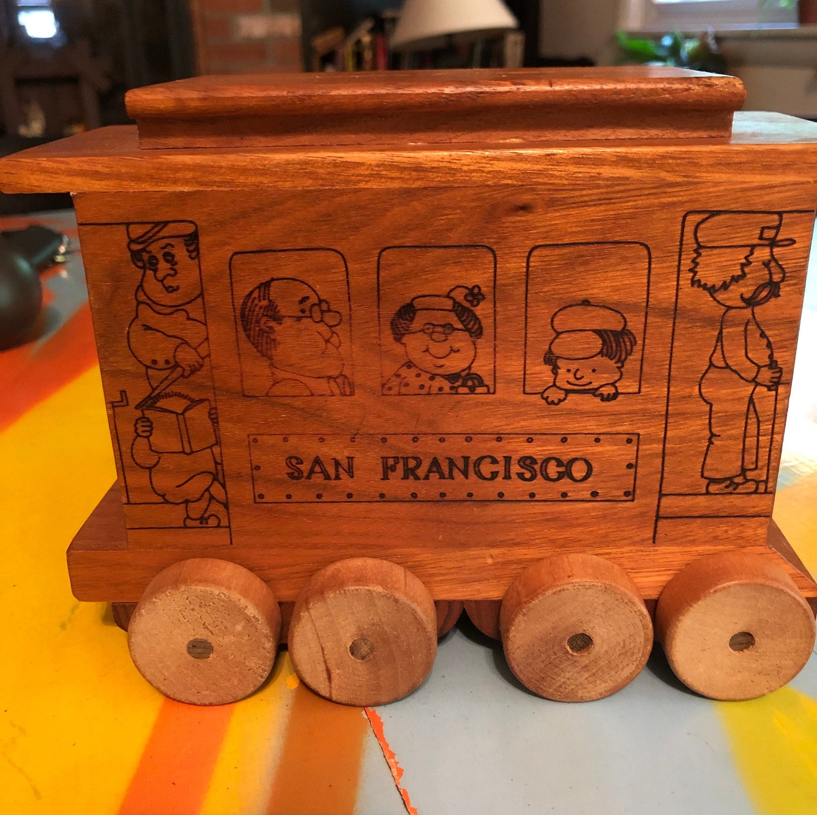1971 wooden Toy Nostalgia San Francisco trolley bank Etsy