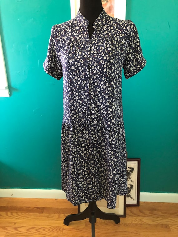 1990s dark blue floral print dress