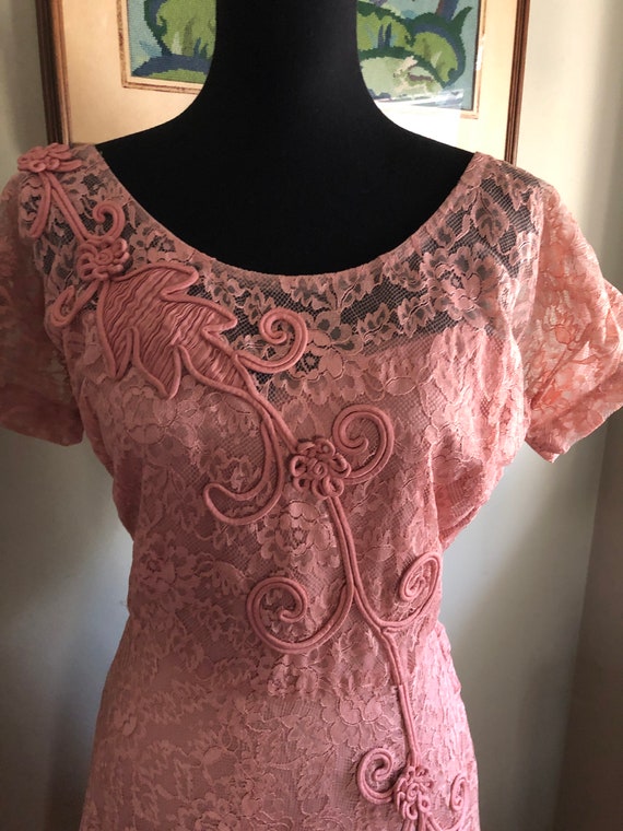 Late 1940s/early 1950s pink rose lace dress with … - image 2