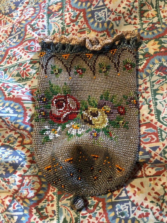 Beaded rose pattern draw string bag - image 1