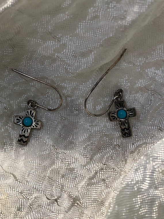 Tiny sterling and turquoise cross earrings