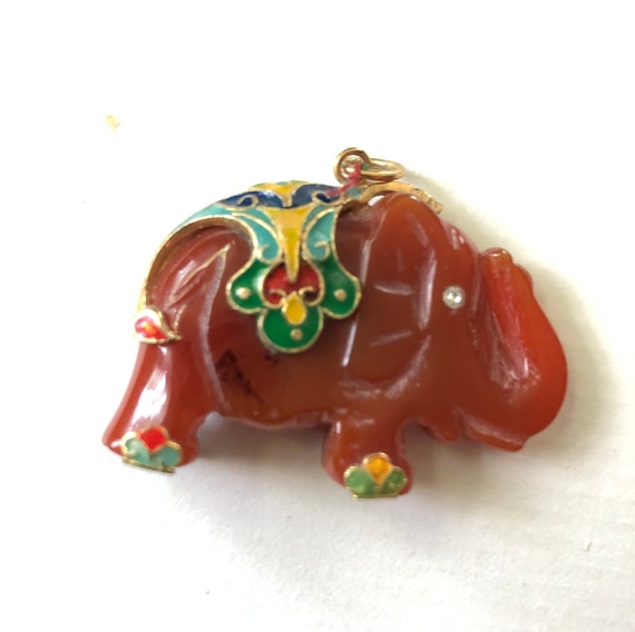 Carnelian elephant pendent with enameled details - image 1