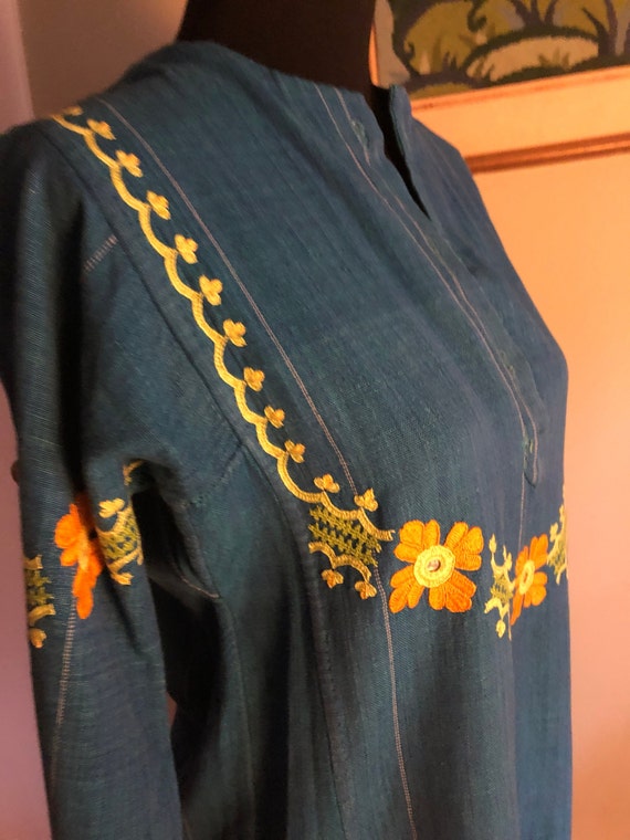 1970s Pakistani teal cotton tunic with embroidere… - image 5