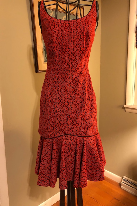 1950s red lace over black taffeta rumba dress