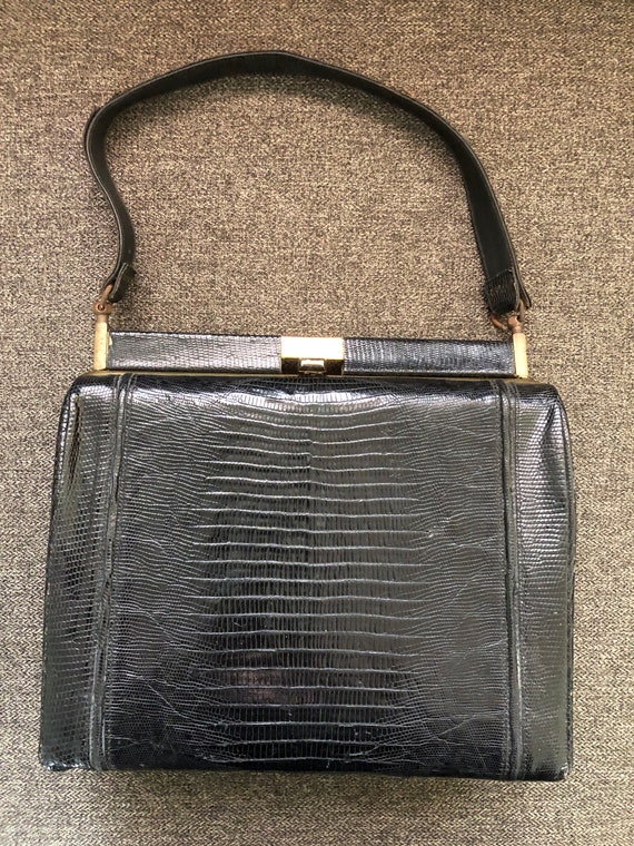 1950s black faux alligator handbag