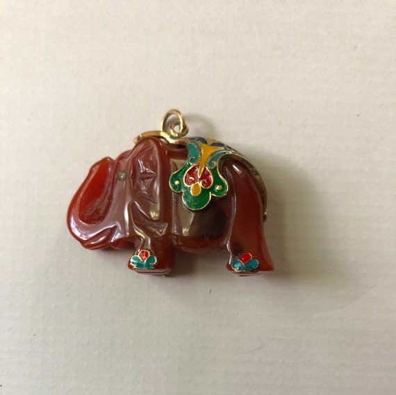 Carnelian elephant pendent with enameled details - image 2