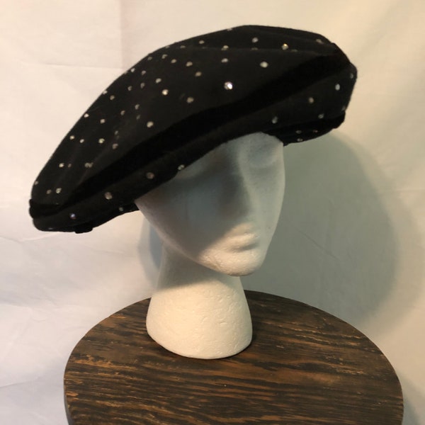 1940s black felt pancake hat with rhinestones for Wm H Block