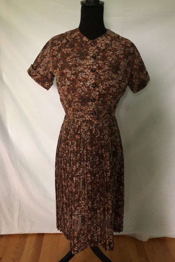 1950s brown floral print sun dress and jacket ense