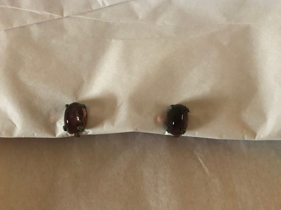 1940s oval burgundy glass screw back earrings - image 1