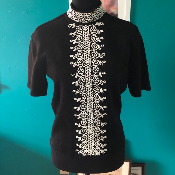 Early 1960s black knit top with contrasting white 