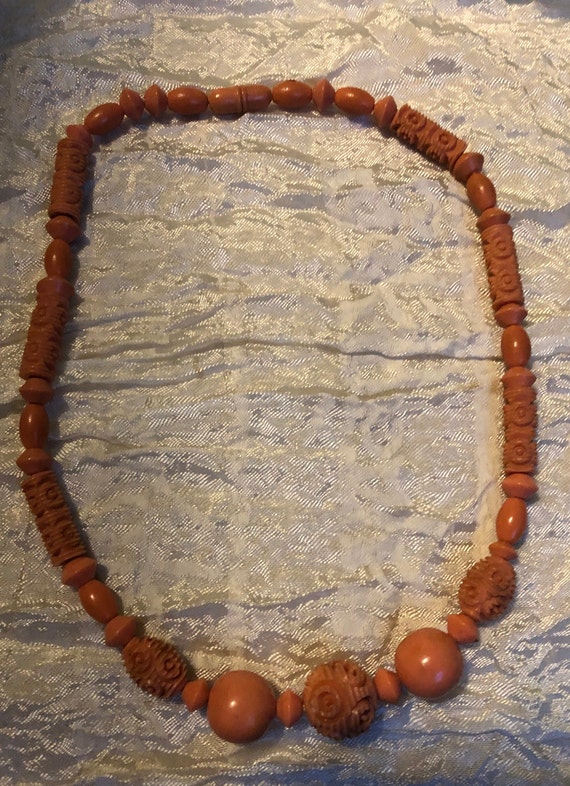 1930s celluloid faux coral bead necklace - image 1