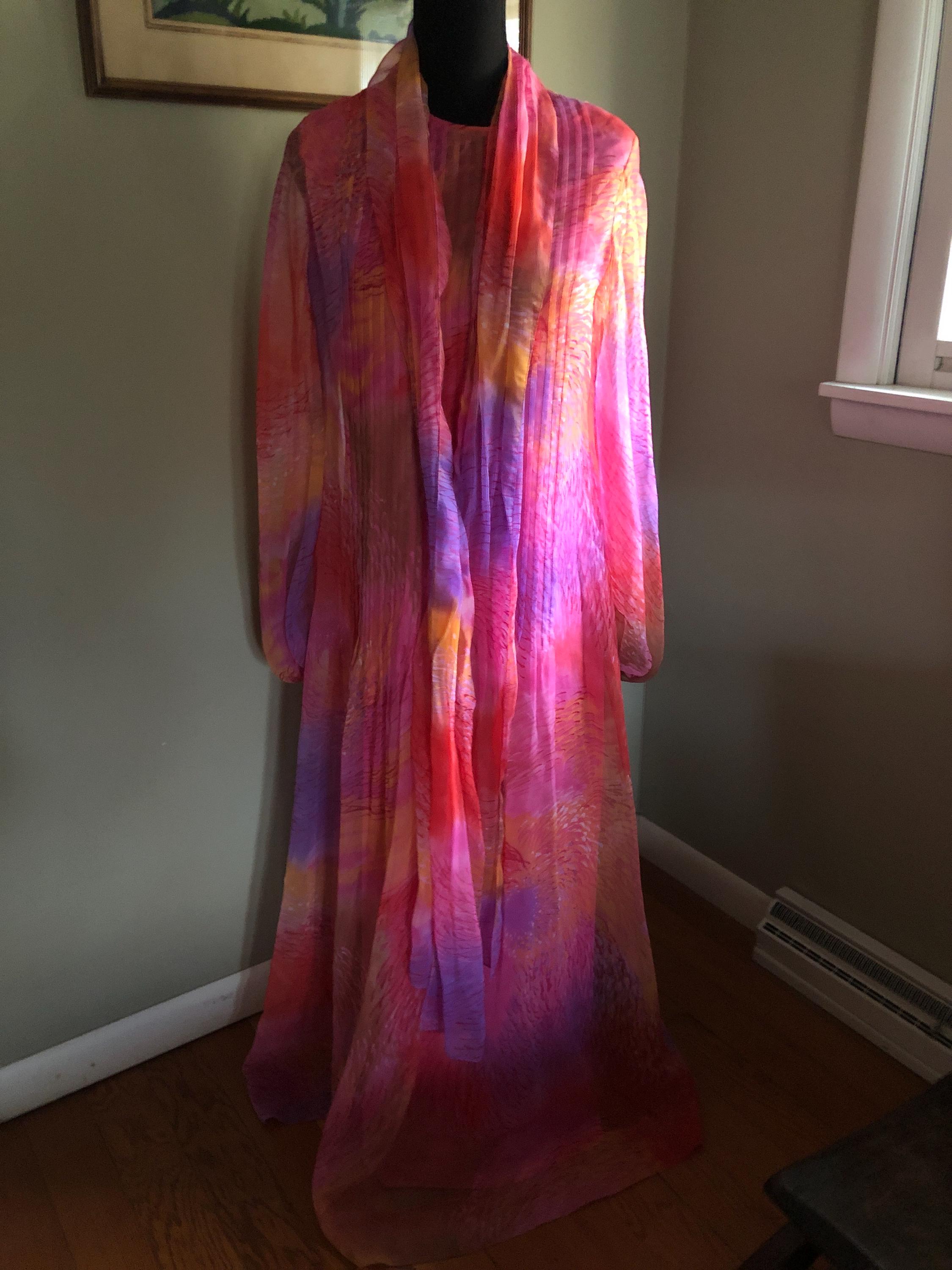 Mid to late 1960s long voile dress dripping with color