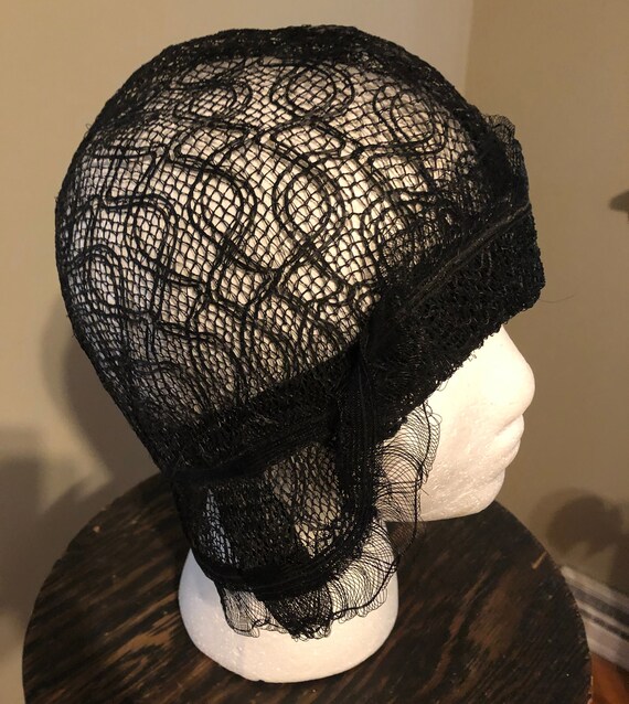 1920s lacy black rattan helmet cloche - image 2